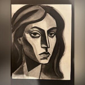 Monochrome Portrait Charcoal Woman - Black & White glass framed